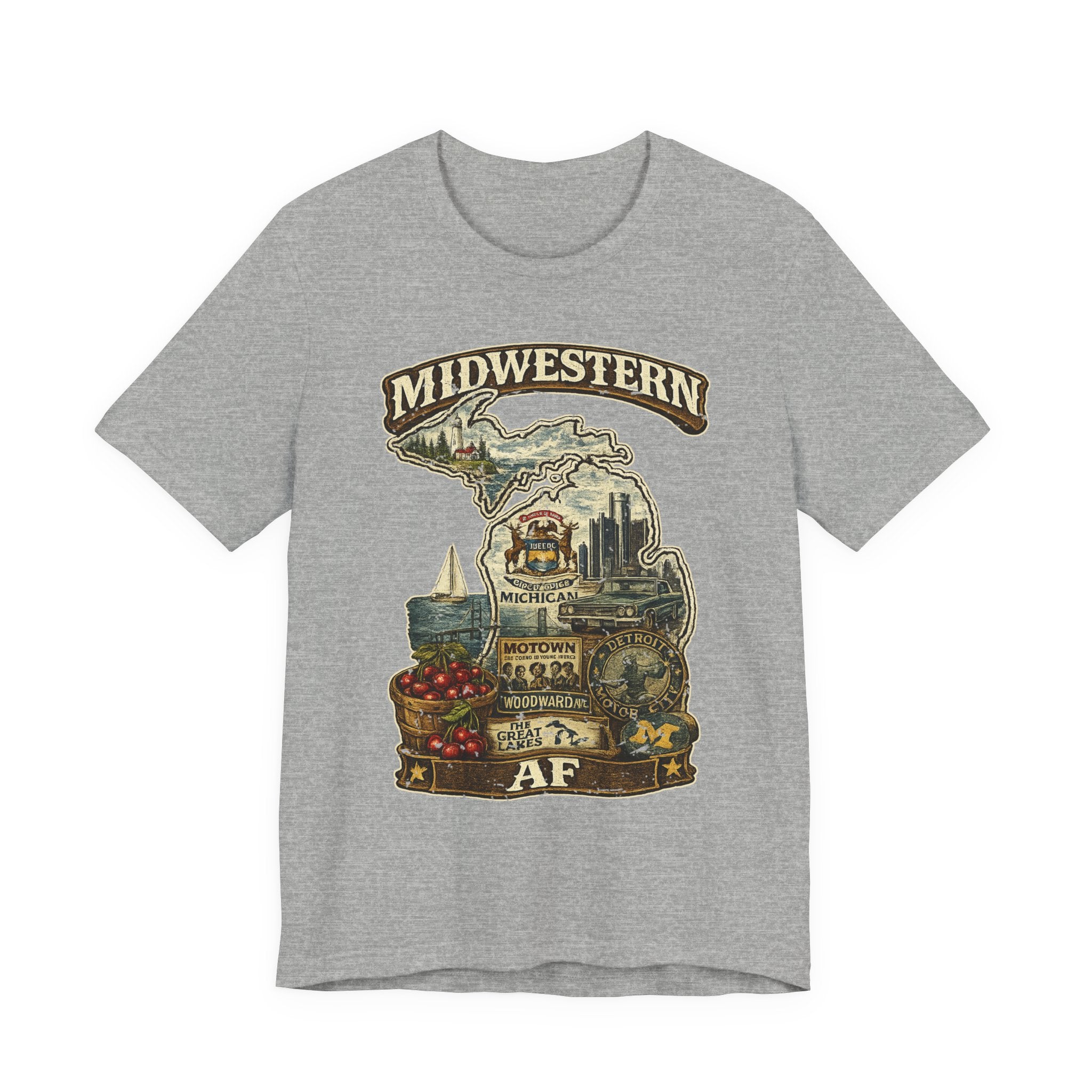 Family Friendly Midwestern AF Michigan T-Shirt in Athletic Heather – a distressed vintage design featuring Michigan's Upper and Lower Peninsulas overlaid with the state outline, surrounded by Detroit's skyline, Woodward Avenue, the Great Lakes, and Traverse City cherries
