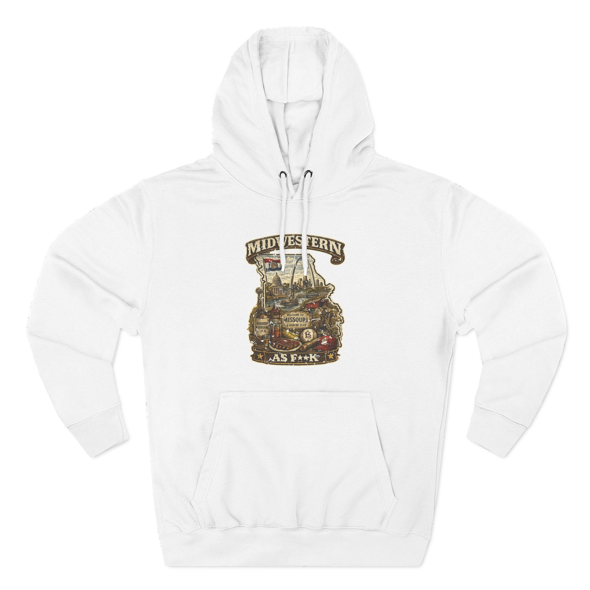 Missouri Midwestern As F**K hoodie in White laid flat, vintage Show-Me State graphic design