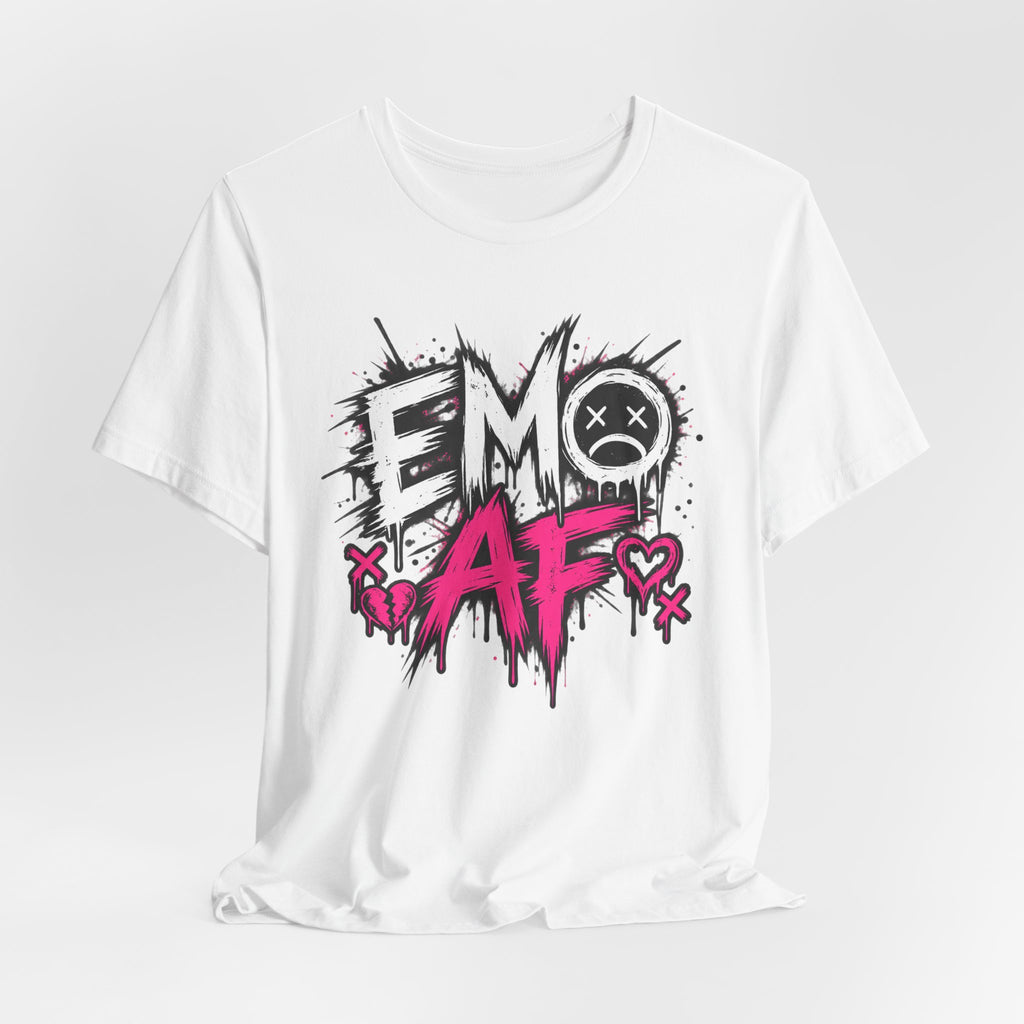 White EMO AF tee draped flat, showing the full front grunge graphic