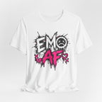 White EMO AF tee draped flat, showing the full front grunge graphic