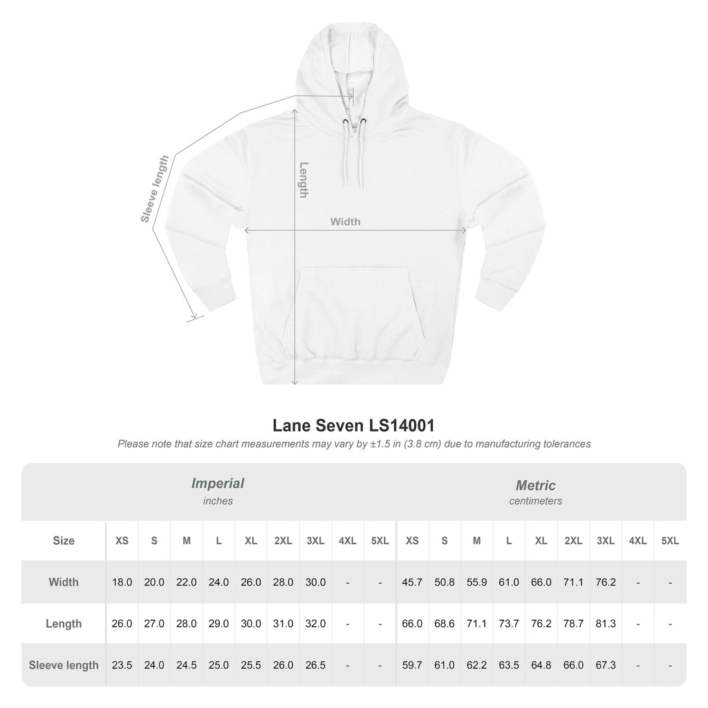 Lane Seven LS14001 hoodie size chart with width, length, and sleeve length measurements in inches and cm, sizes XS-3XL.