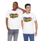 White t-shirts worn by two male models, front view, featuring graffiti-style Brooklyn AF lettering over a skyline.