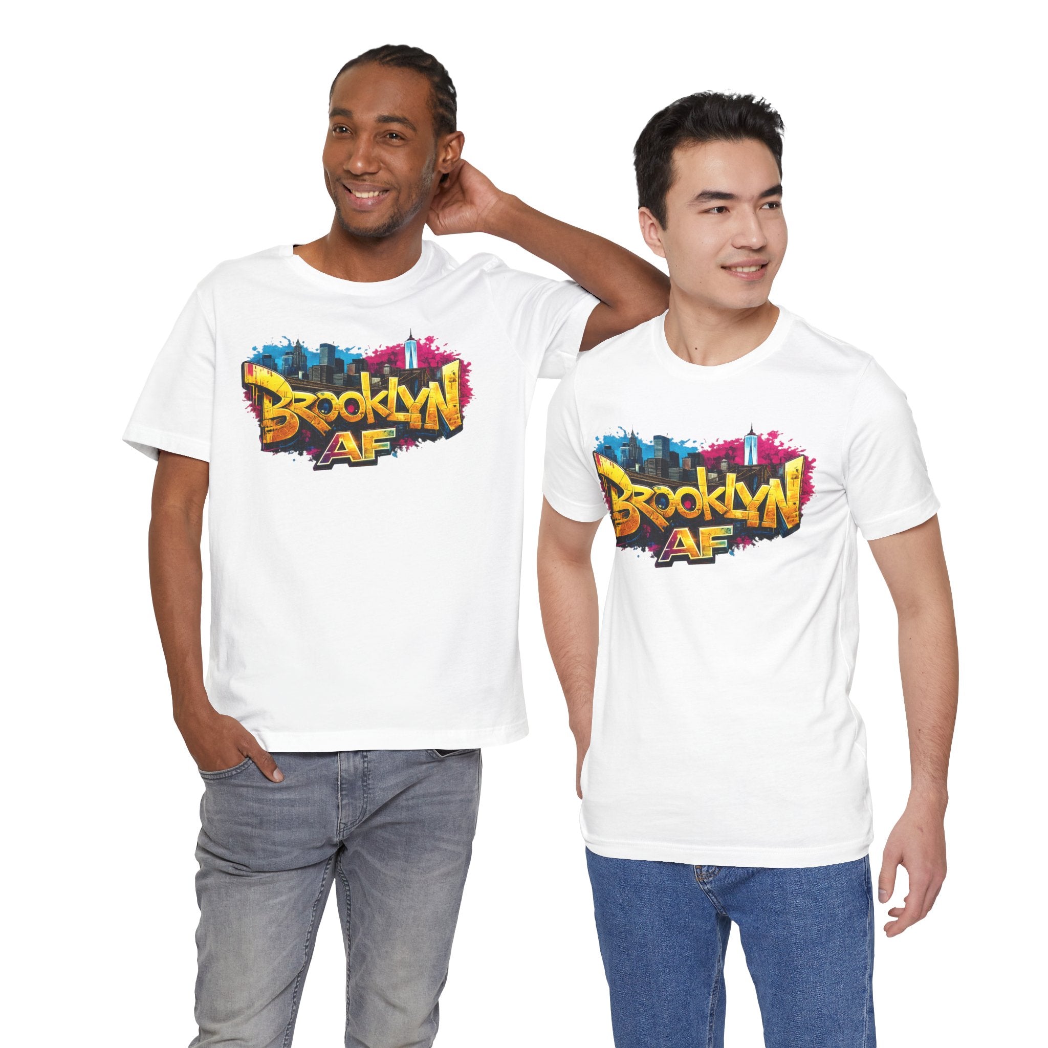 White t-shirts worn by two male models, front view, featuring graffiti-style Brooklyn AF lettering over a skyline.