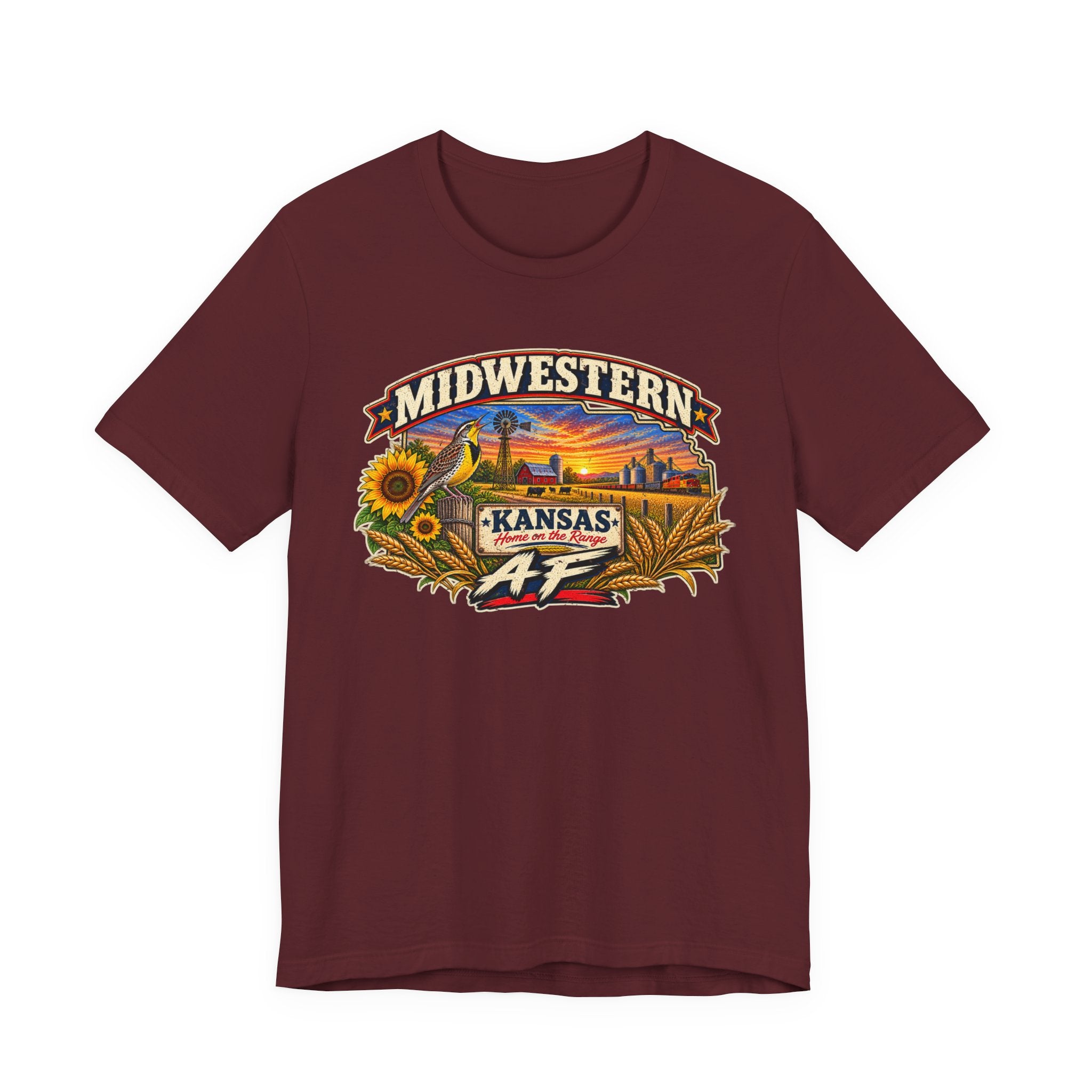 Maroon Kansas AF tee laid flat showing the Home on the Range sign in the design
