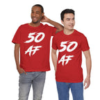 Two men standing together in red 50 AF birthday t-shirts