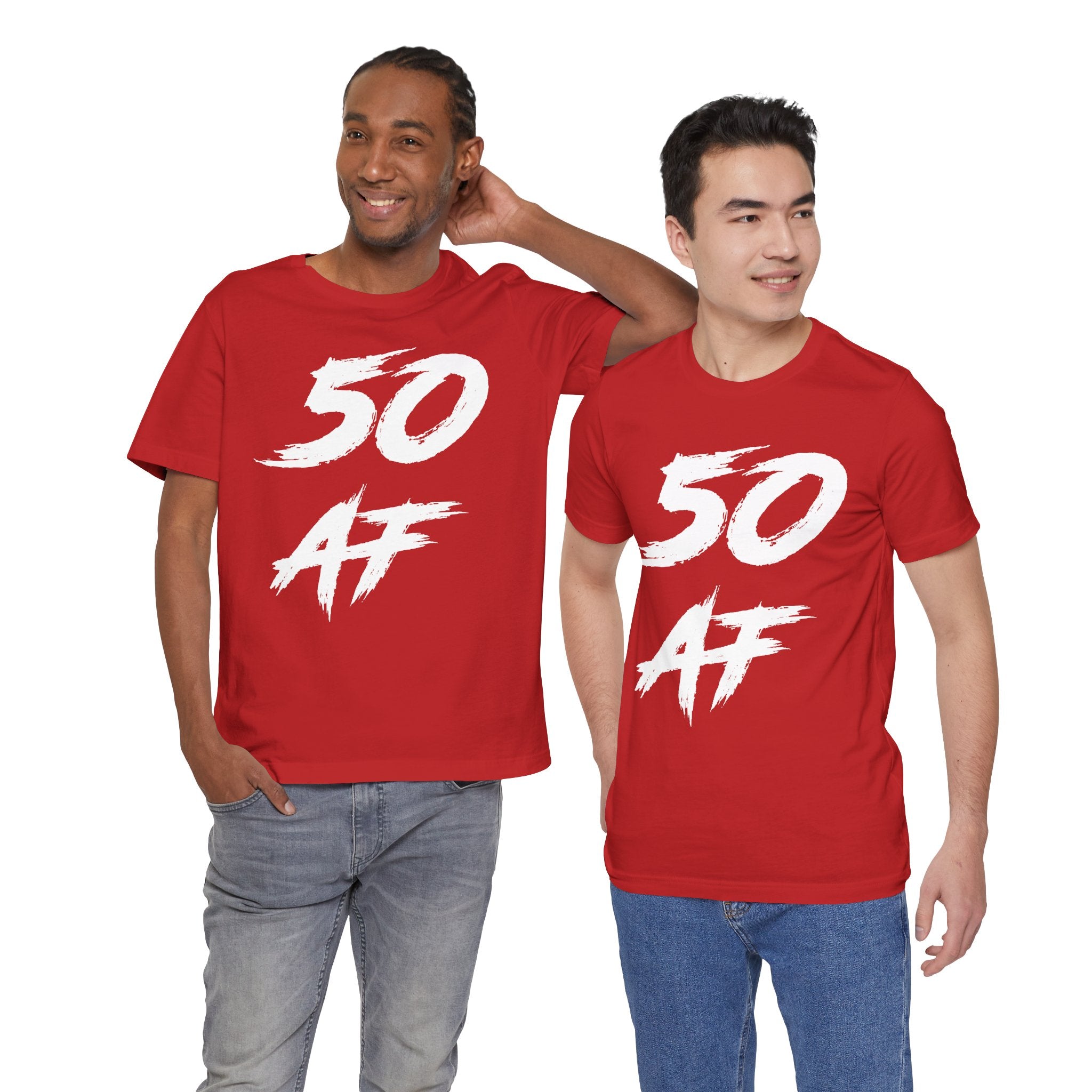 Two men standing together in red 50 AF birthday t-shirts