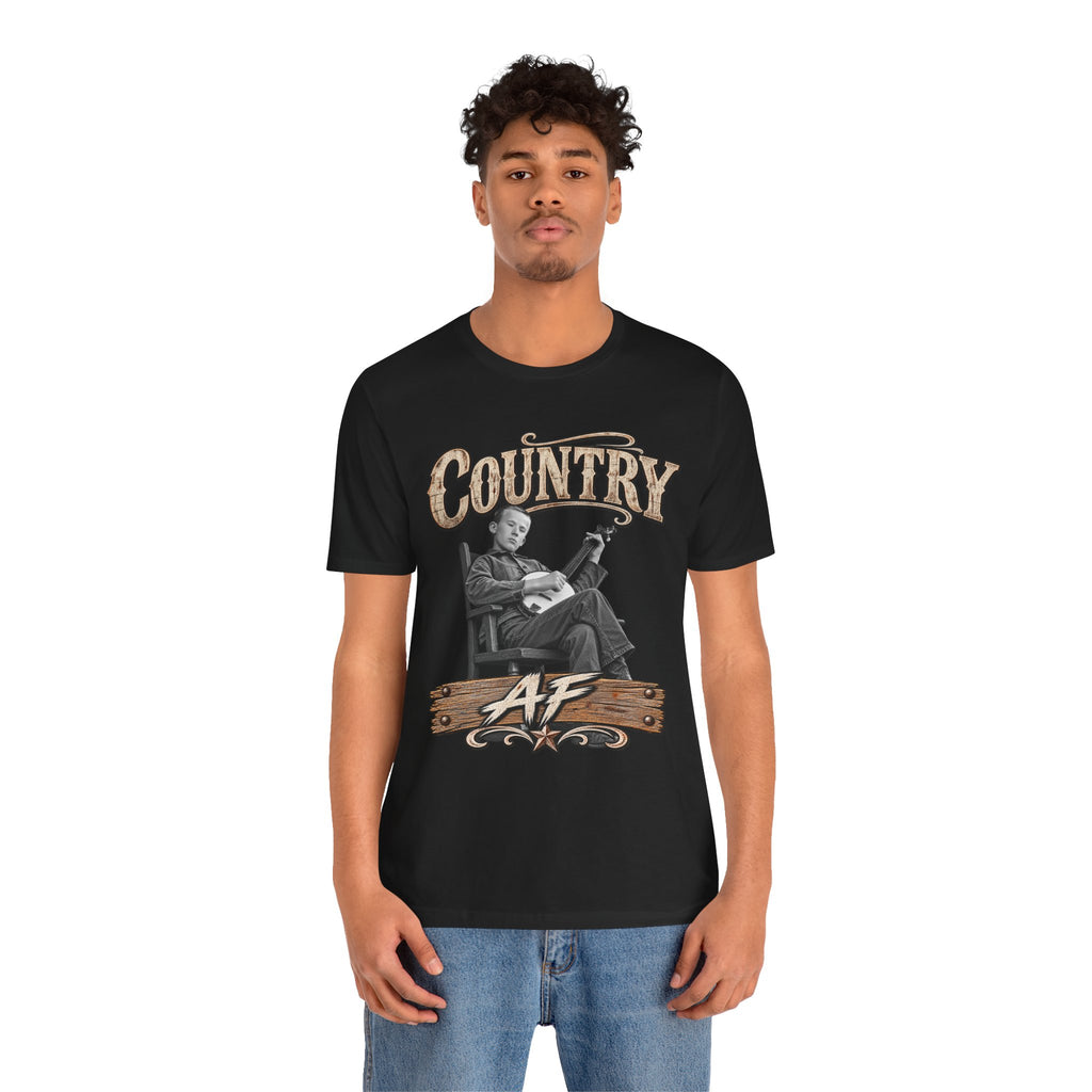 Man in the Black Country AF tee, banjo-player front print showing