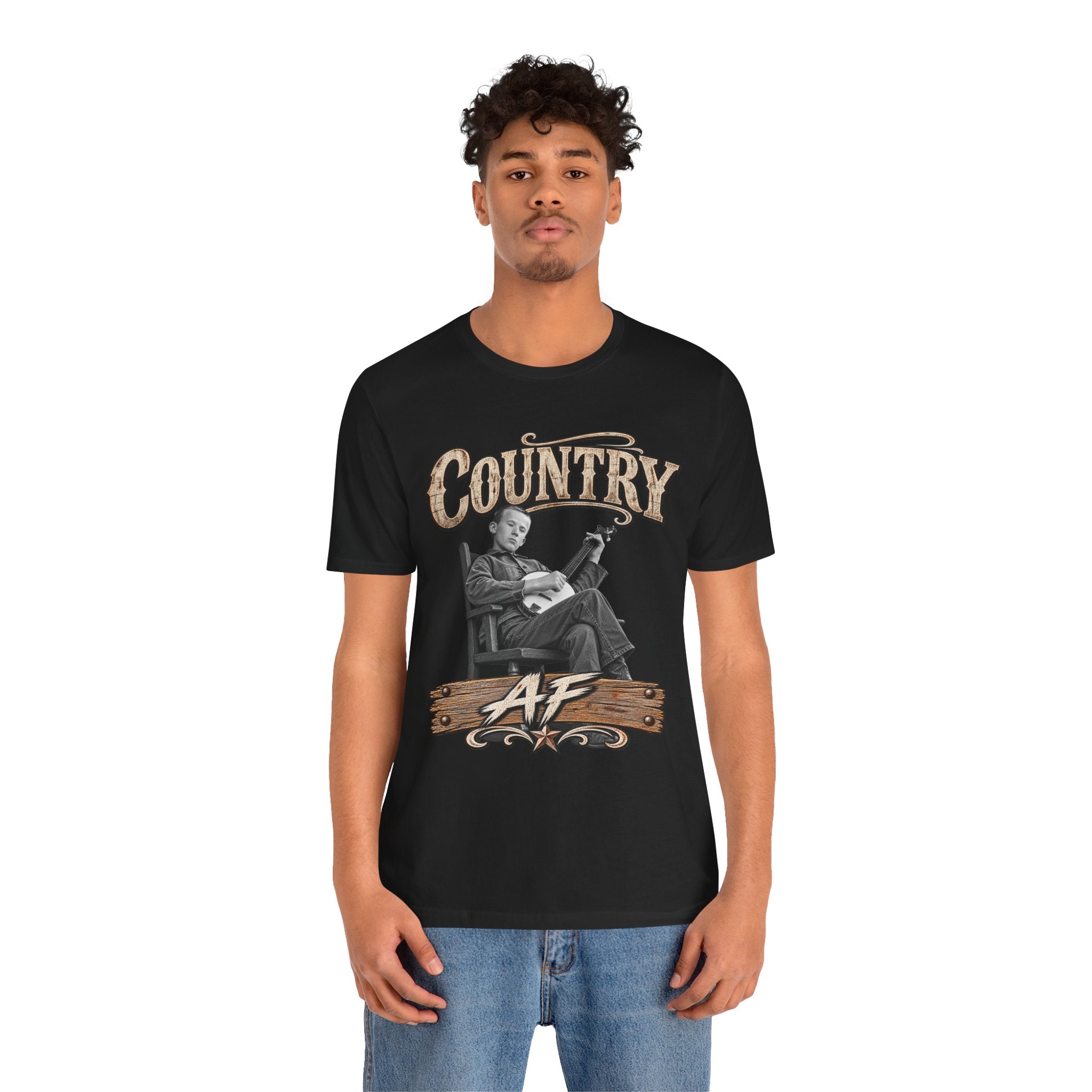 Man in the Black Country AF tee, banjo-player front print showing