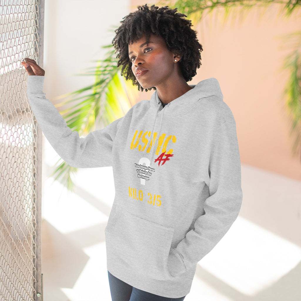 Personalized USMC Marine Corps AF hoodie in Sandshell styled flat with denim shorts and black sneakers