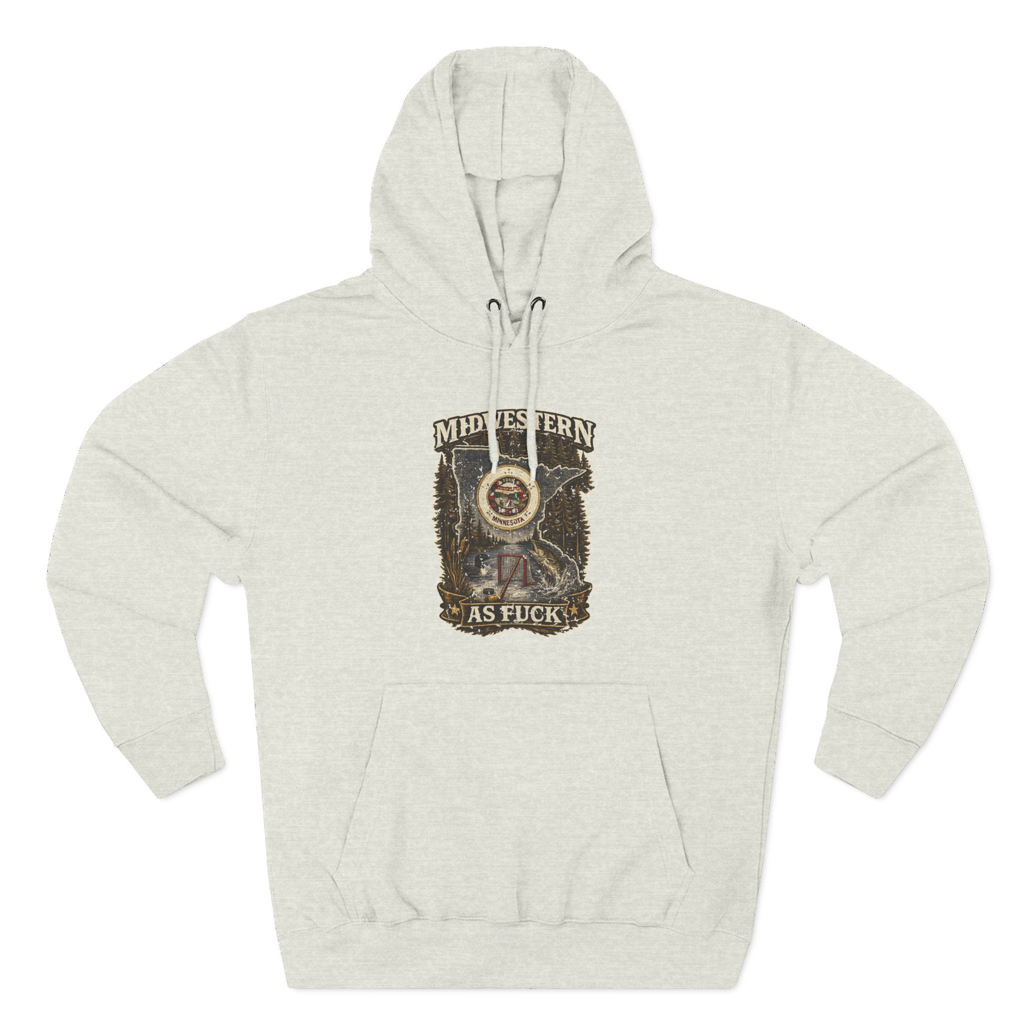 No Filter Midwestern As Fuck Minnesota Hoodie in Oatmeal Heather – distressed Minnesota state flag design with pine trees, loon and walleye