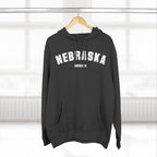 Charcoal Heather Nebraska hoodie on a hanger with LINCOLN, NE under the varsity lettering