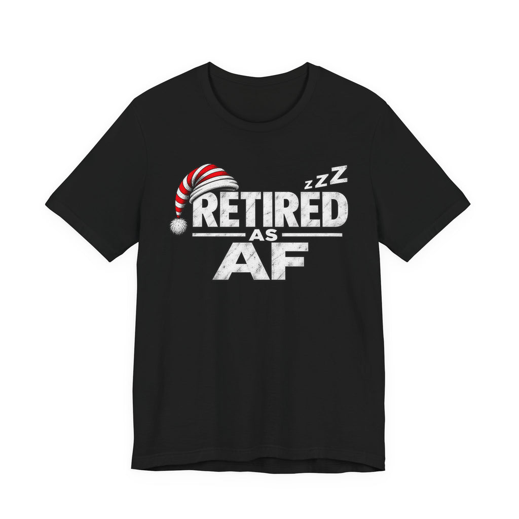 Black Retired AF tee laid flat, the RETIRED AS AF lettering printed in white and grey