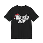 Black Retired AF tee laid flat, the RETIRED AS AF lettering printed in white and grey