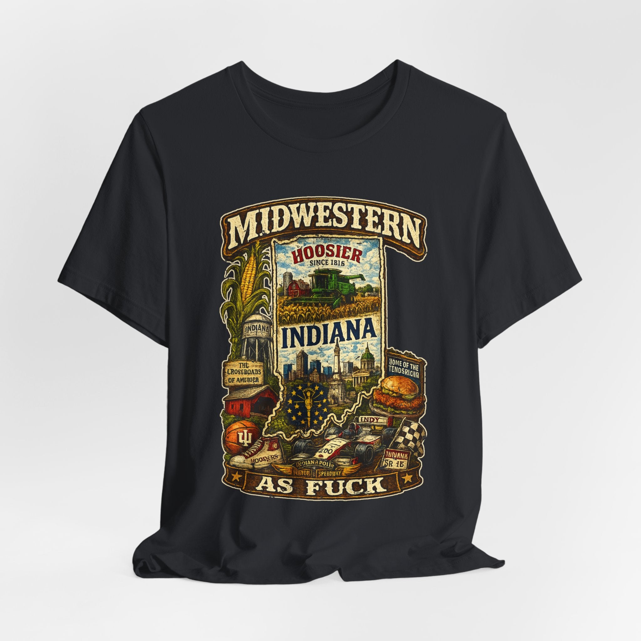 Indiana Midwestern As Fuck T-Shirt | Hoosier Pride Graphic Tee | Indiana State Shirt | Bella + Canvas 3001 | No Filter Collection