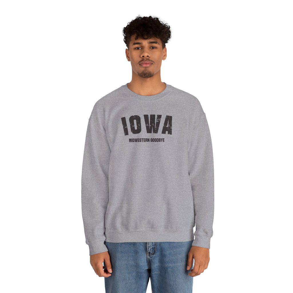 Man wearing the sport grey Iowa sweatshirt, varsity IOWA above the words MIDWESTERN GOODBYE
