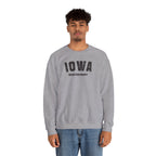 Man wearing the sport grey Iowa sweatshirt, varsity IOWA above the words MIDWESTERN GOODBYE
