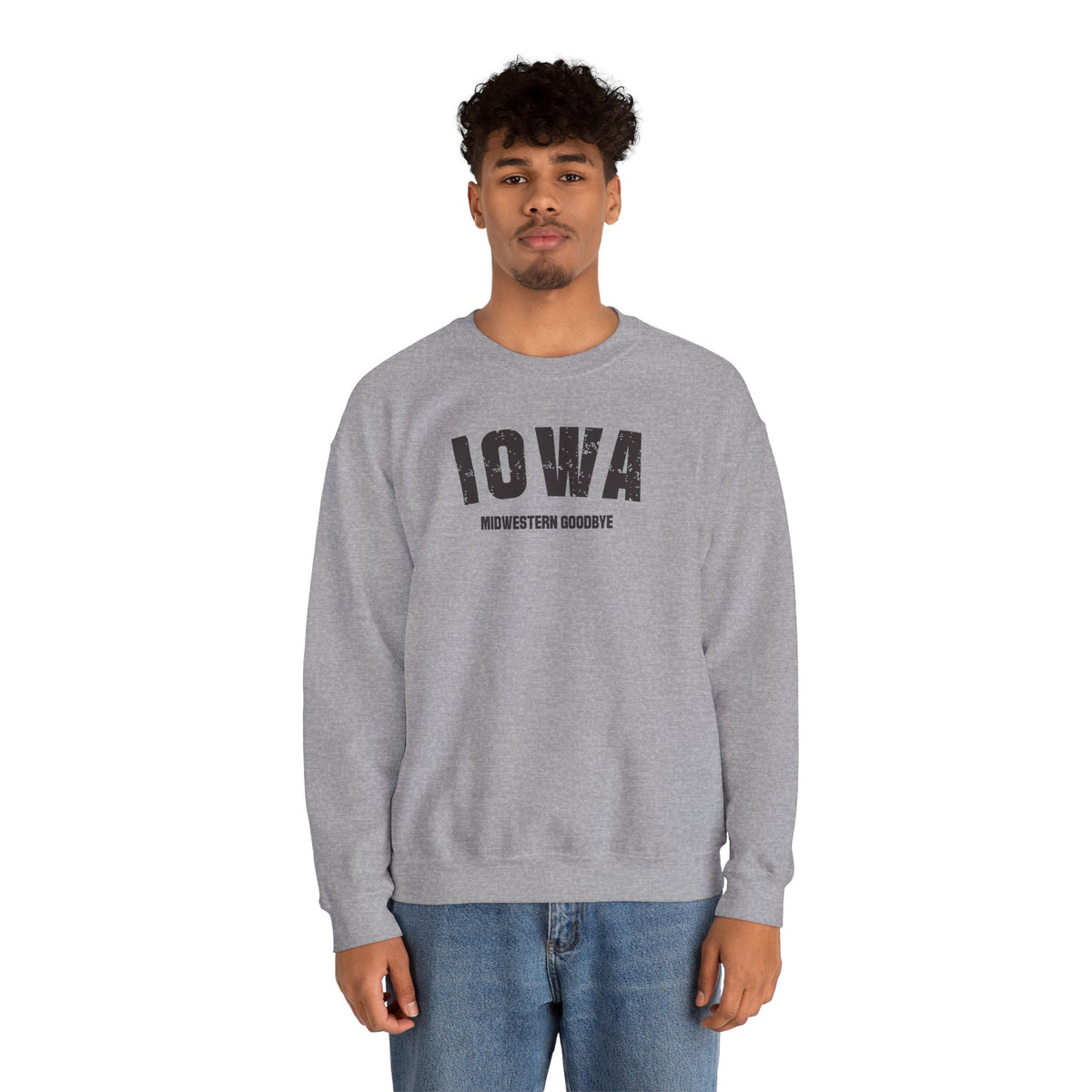 Man wearing the sport grey Iowa sweatshirt, varsity IOWA above the words MIDWESTERN GOODBYE