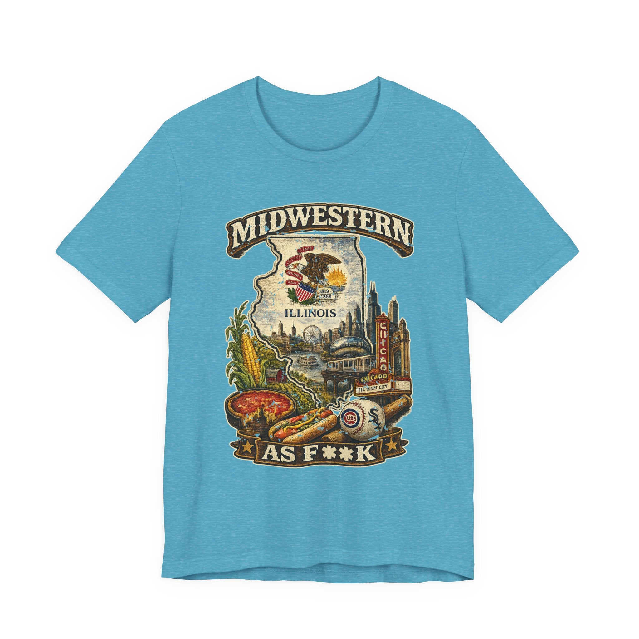 Slightly Salty Midwestern As F**K Illinois T-Shirt in Heather Aqua – a distressed vintage design featuring the Illinois state outline overlaid with the state flag, surrounded by the Chicago skyline, the Chicago Theatre sign, The Bean, deep-dish pizza, a Chicago-style hot dog, and towering corn fields