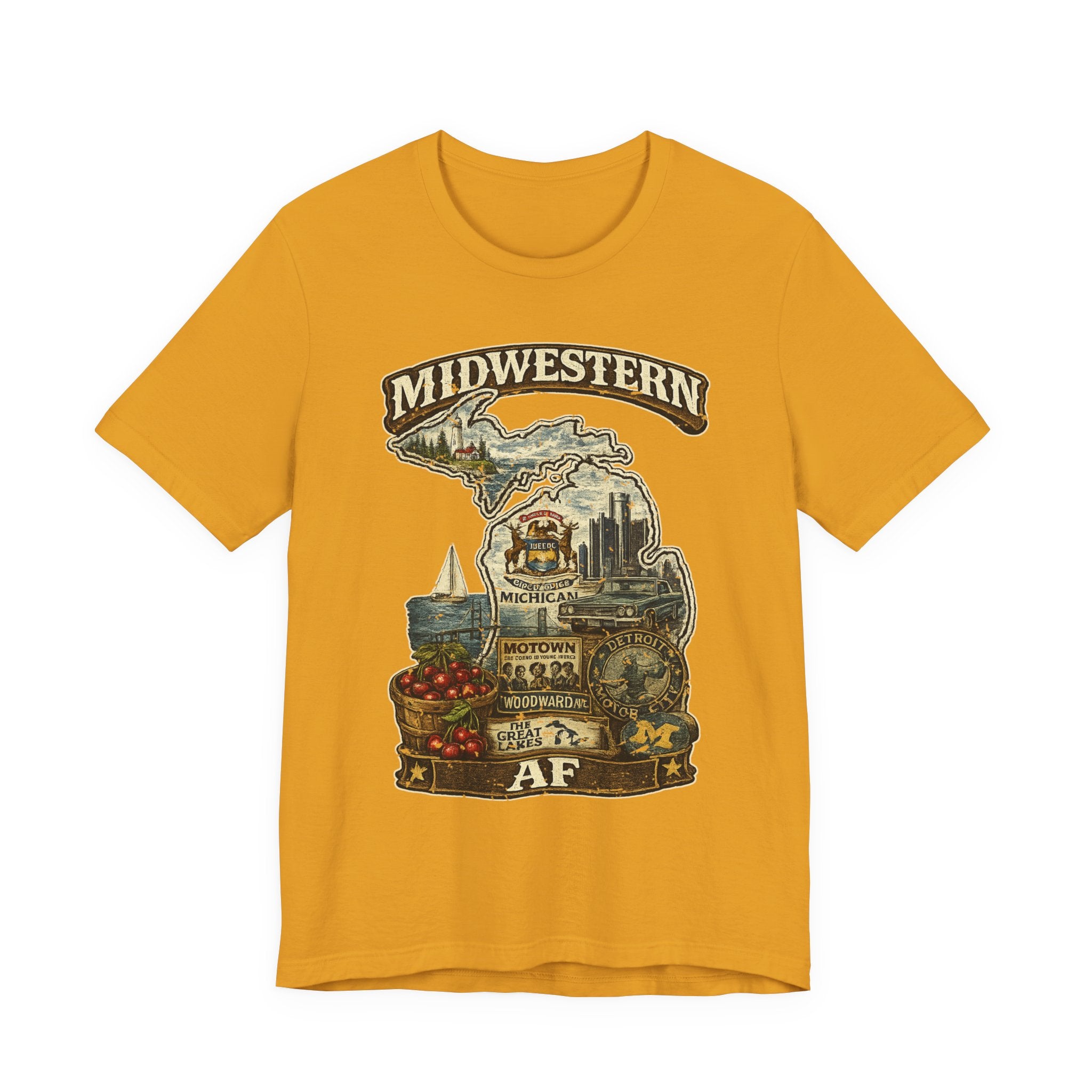 Family Friendly Midwestern AF Michigan T-Shirt in Mustard – a distressed vintage design featuring Michigan's Upper and Lower Peninsulas overlaid with the state outline, surrounded by Detroit's skyline, Woodward Avenue, the Great Lakes, and Traverse City cherries