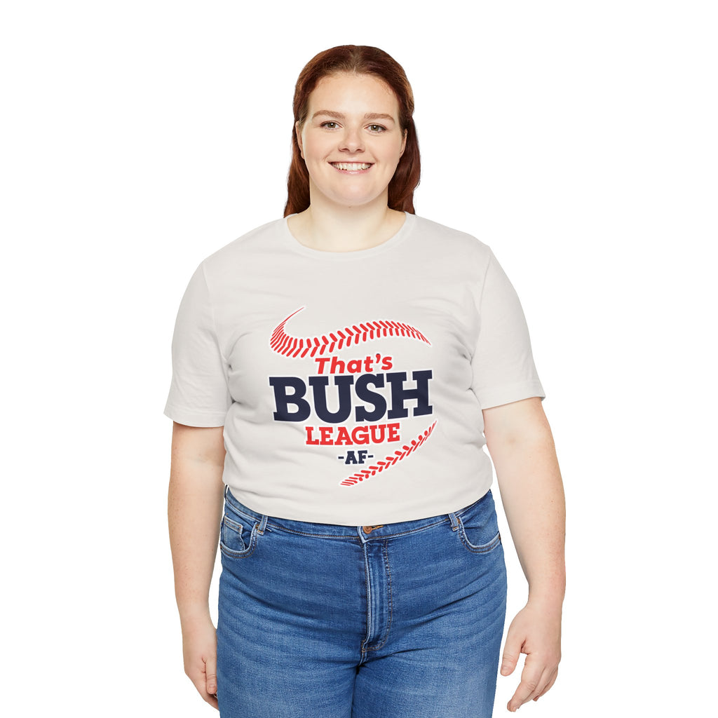 Woman wearing the Vintage White Bush League AF baseball tee with jeans