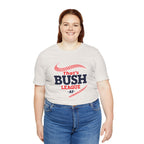 Woman wearing the Vintage White Bush League AF baseball tee with jeans