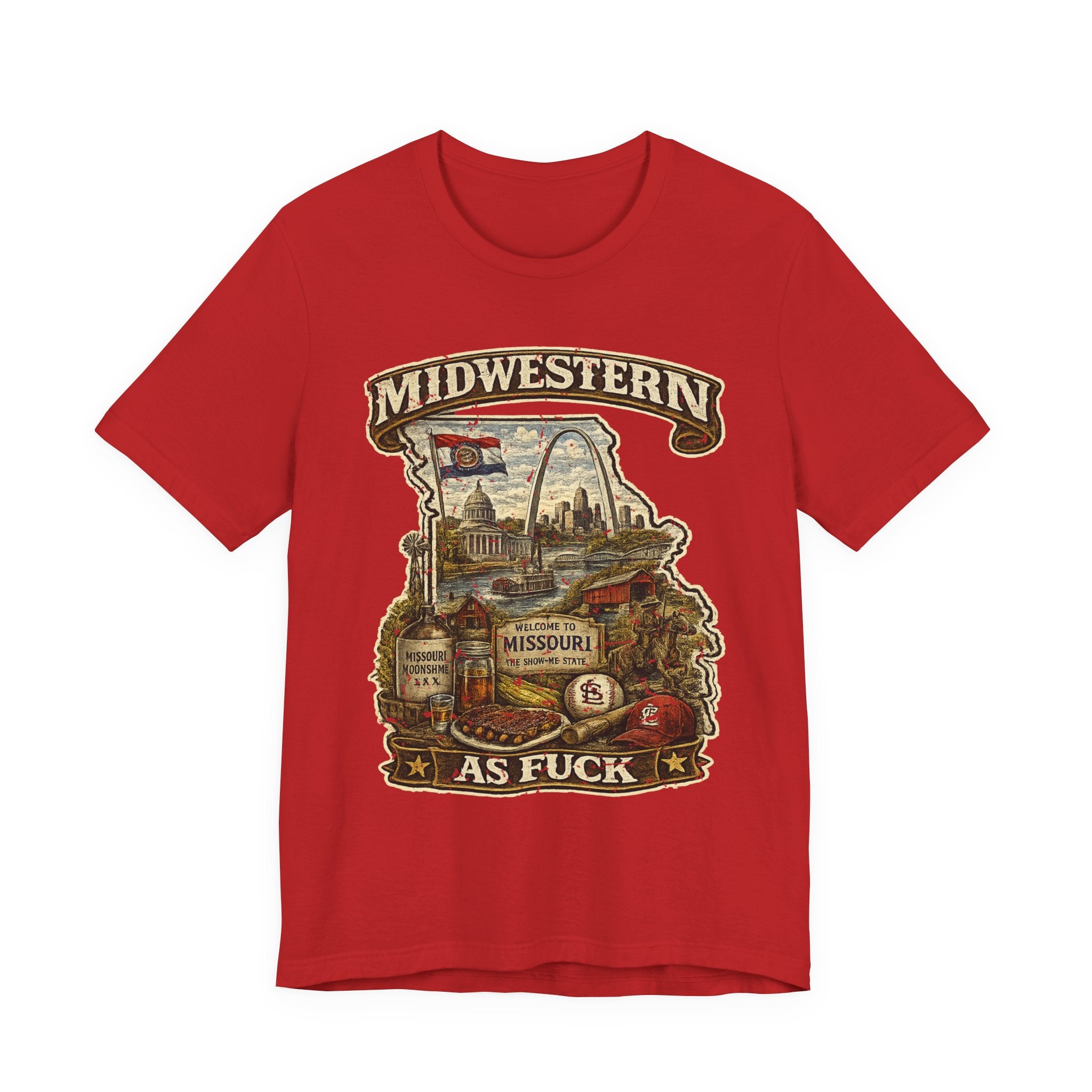 Missouri Midwestern As Fuck t-shirt in Red laid flat, vintage Show-Me State graphic design