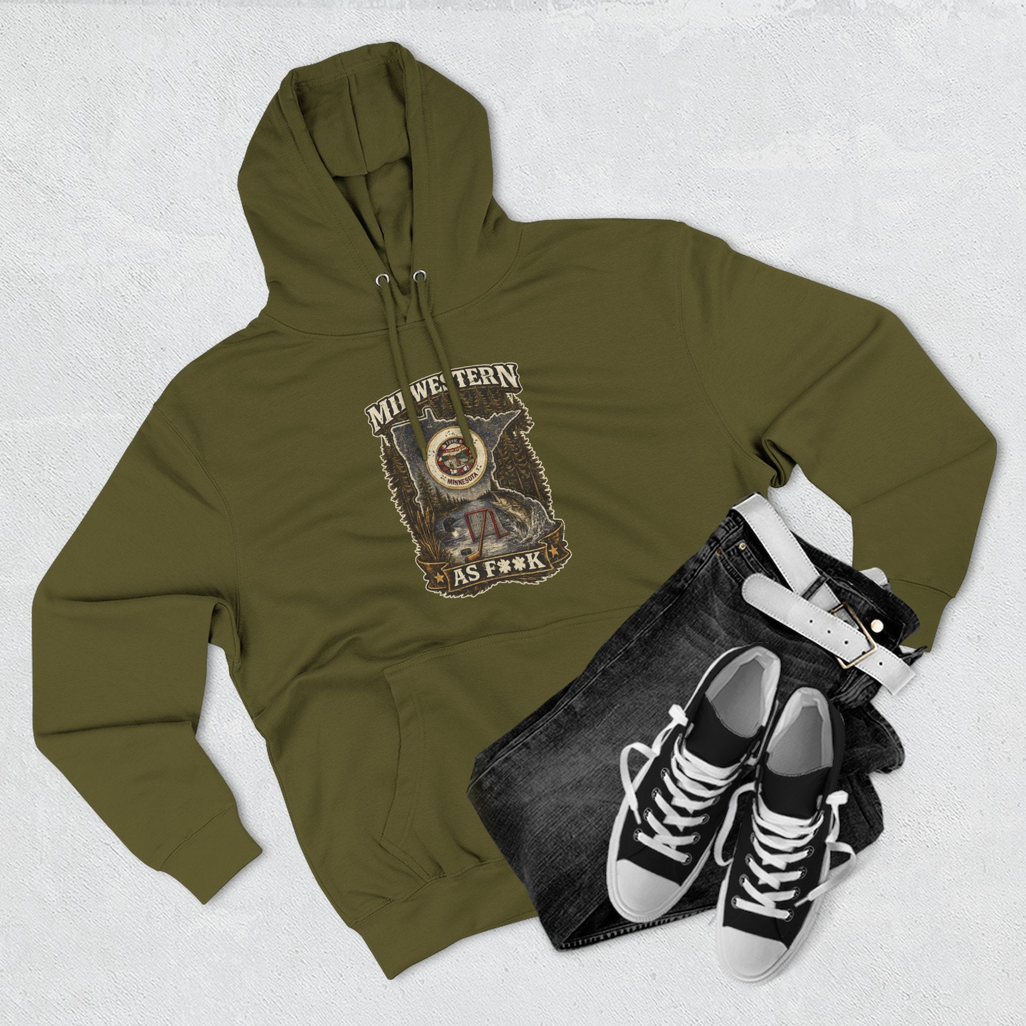 Slightly Salty Midwestern As F**K Minnesota Hoodie – product photo 4 featuring the distressed state flag, pine trees, loon and walleye design