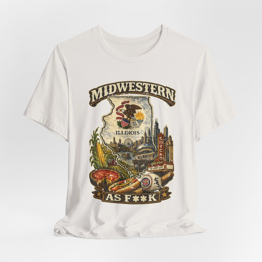 Slightly Salty Midwestern As F**K Illinois T-Shirt – product photo 25 featuring a distressed vintage design featuring the Illinois state outline overlaid with the state flag, surrounded by the Chicago skyline, the Chicago Theatre sign, The Bean, deep-dish pizza, a Chicago-style hot dog, and towering corn fields