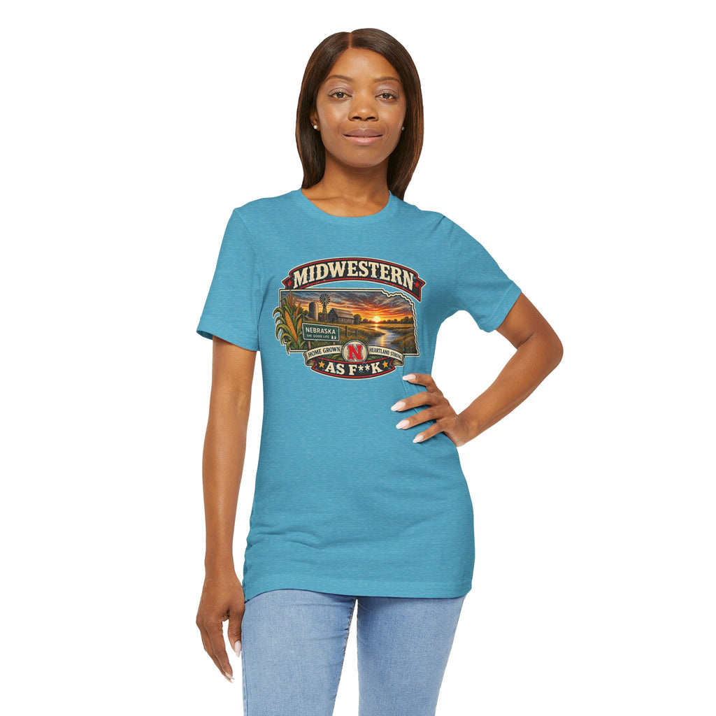 Woman in the heather aqua Nebraska As F**K T-shirt, hand on hip