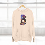 Oatmeal heather hoodie hanging on a wooden hanger, bold B with a Brooklyn Bridge sunset skyline graphic and Brooklyn AF logo.