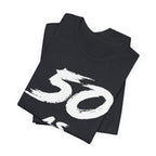 Folded Vintage Black tees stacked with the white 50 across the top fold