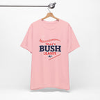 Pink Bush League AF T-Shirt on a wooden hanger, front ballpark graphic visible