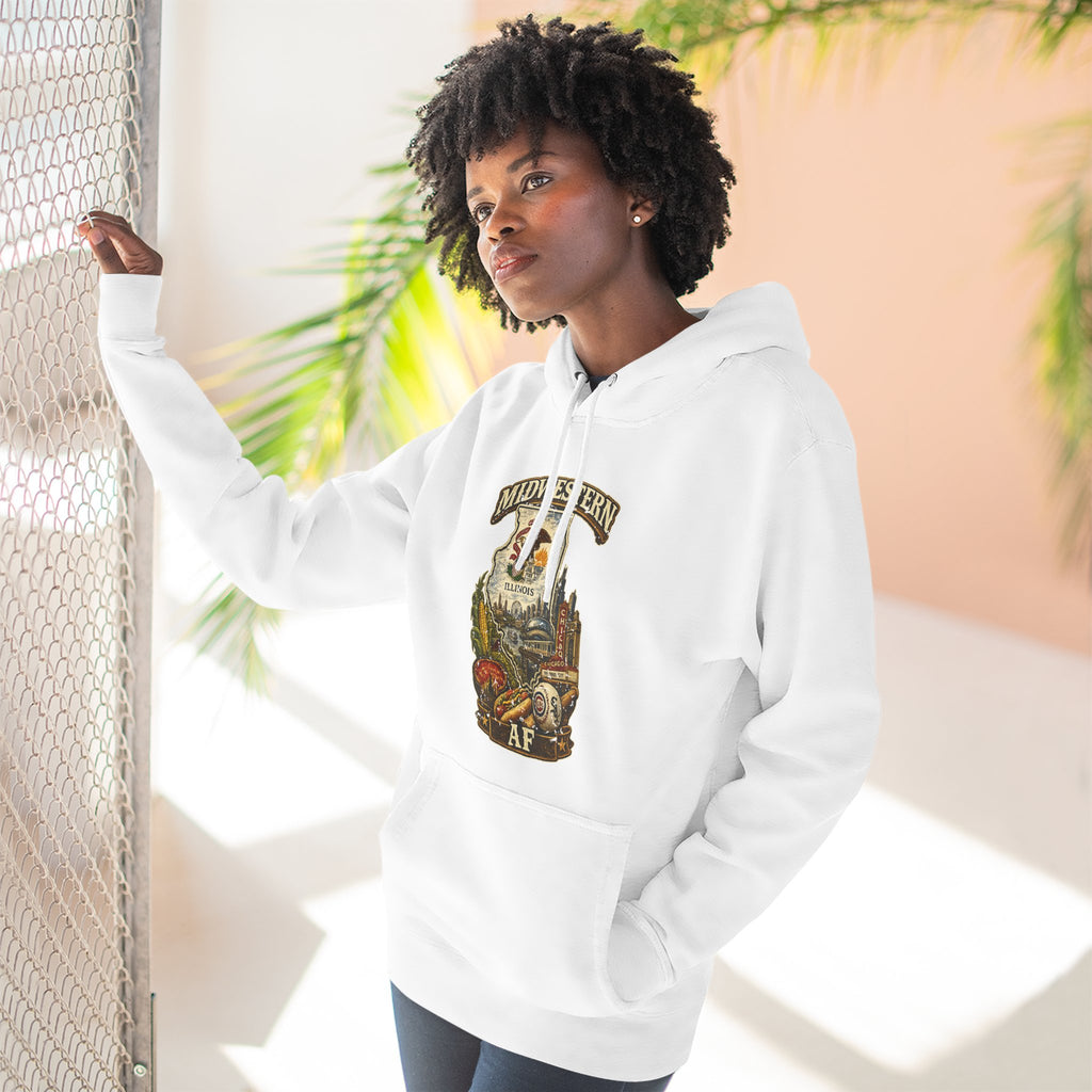 Family Friendly Midwestern AF Illinois Hoodie – product photo 7 featuring a distressed vintage design featuring the Illinois state outline overlaid with the state flag, surrounded by the Chicago skyline, the Chicago Theatre sign, The Bean, deep-dish pizza, a Chicago-style hot dog, and towering corn fields