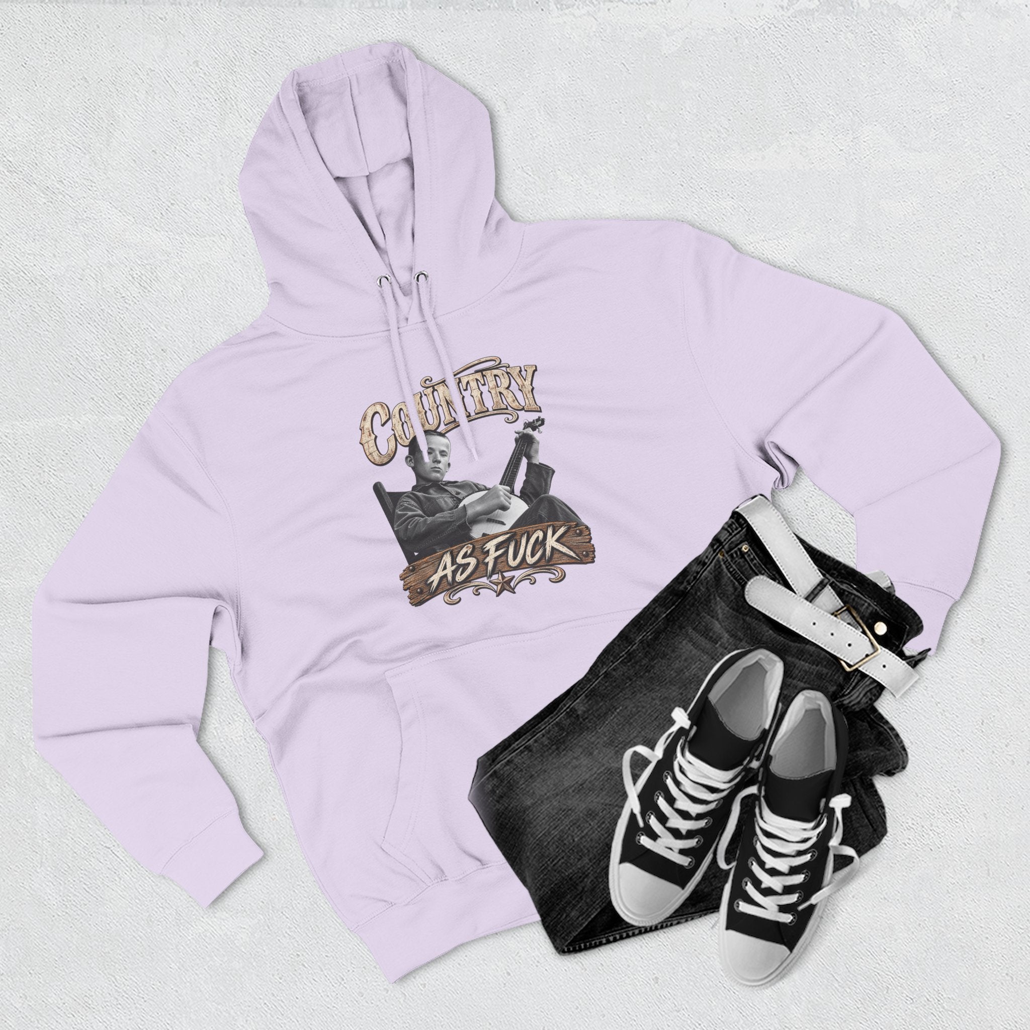 Lilac Country As Fuck hoodie styled flat with black high-top sneakers