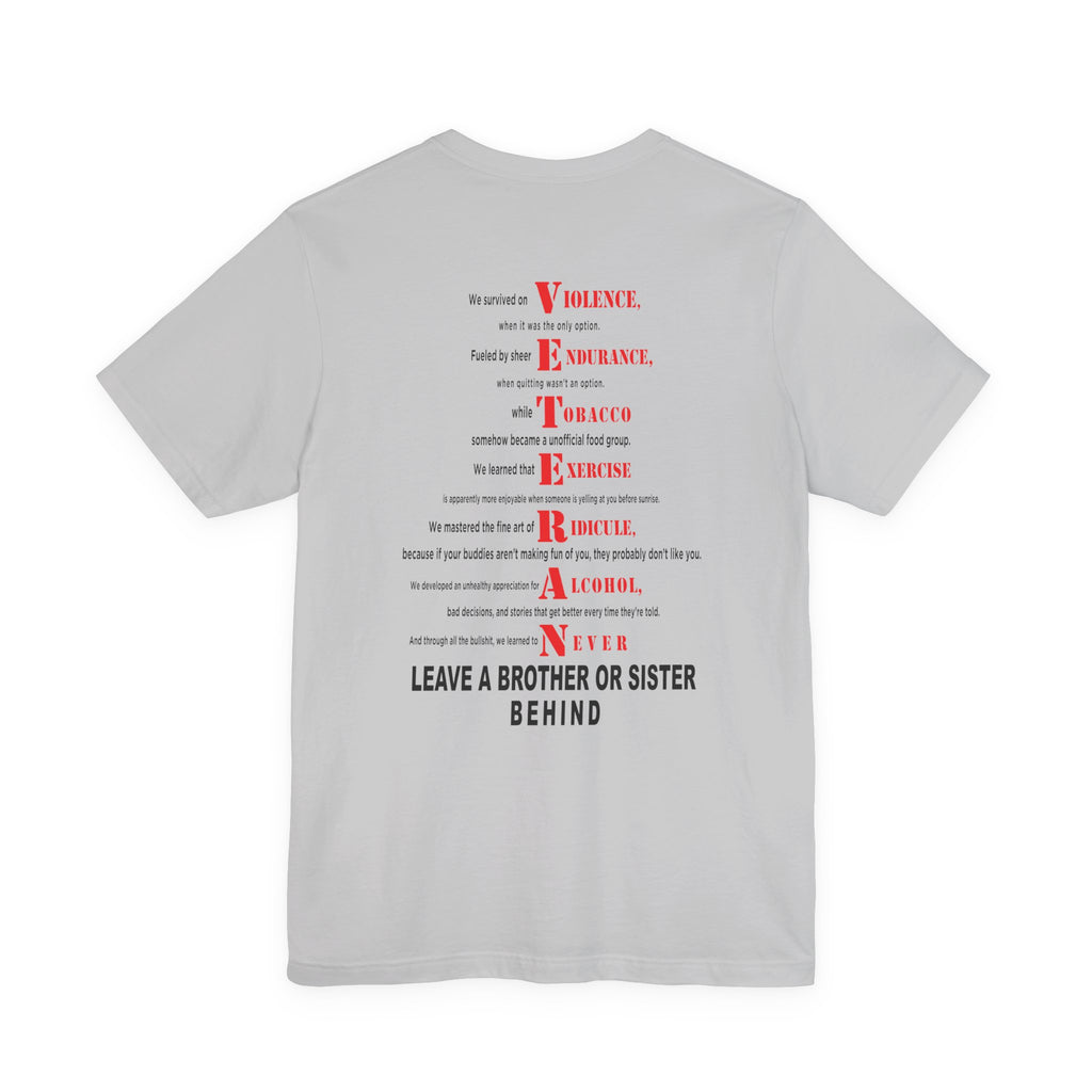 Marine Corps veteran T-shirt in Solid Athletic Grey showing the VETERAN acrostic back print