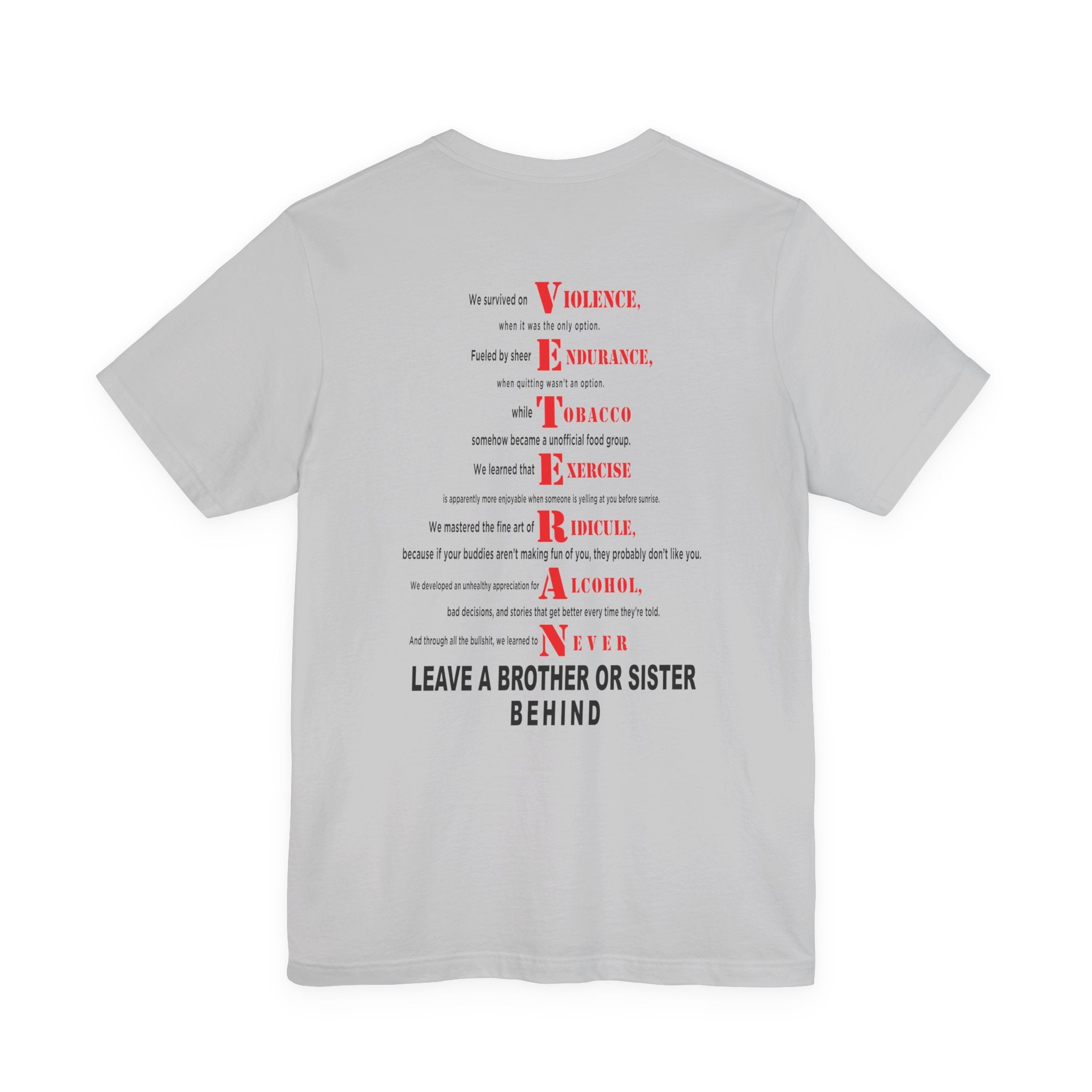 Marine Corps veteran T-shirt in Solid Athletic Grey showing the VETERAN acrostic back print