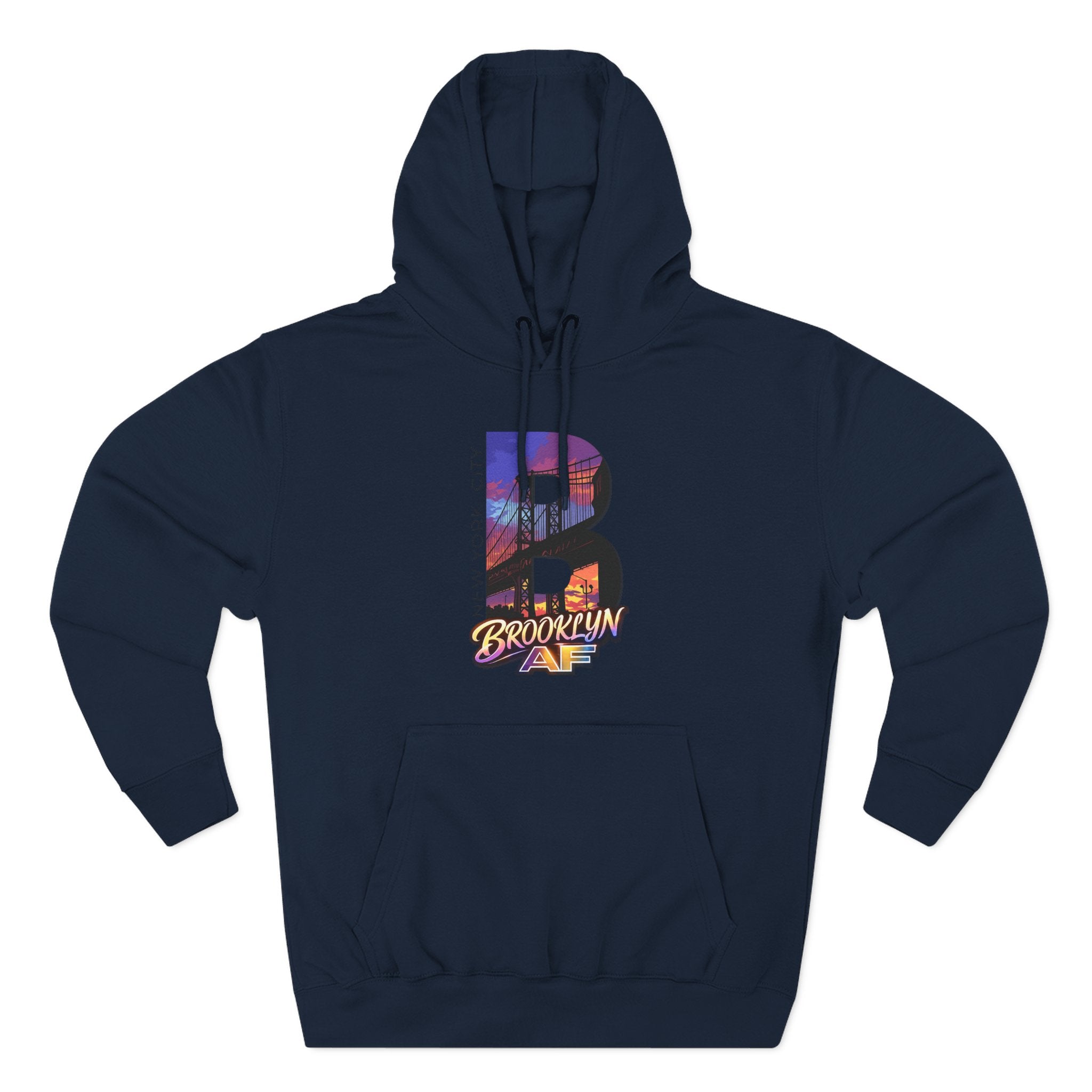 Navy hoodie, flat lay front view, oversized B framing a Brooklyn Bridge sunset skyline graphic and Brooklyn AF script.