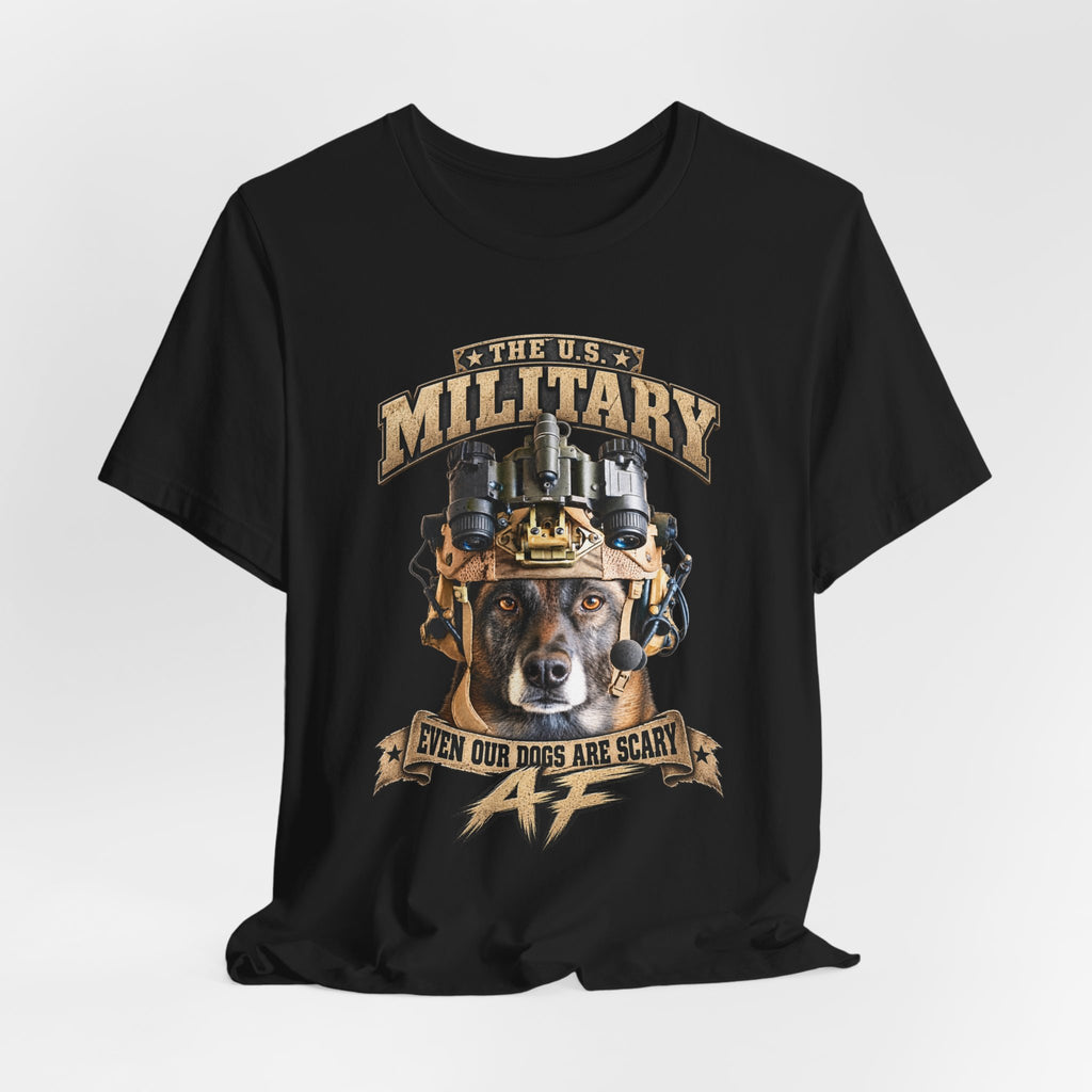 Military K-9 T-shirt in Black shown draped with the working dog front print