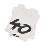 Folded Vintage White tees stacked, customized 40 print visible in black on the top fold