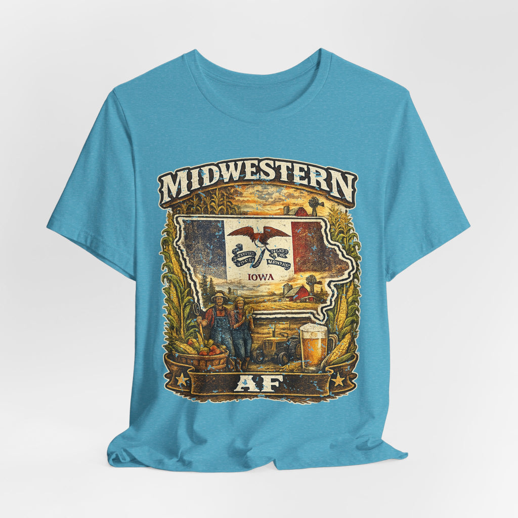 Family Friendly Midwestern AF Iowa T-Shirt – product photo 13 featuring a distressed vintage design featuring the outline of Iowa overlaid with the Iowa state flag, surrounded by towering corn stalks, rolling farmland, a classic red barn, a windmill, a tractor, and an overflowing harvest basket