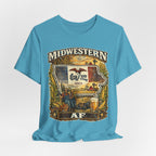 Family Friendly Midwestern AF Iowa T-Shirt – product photo 13 featuring a distressed vintage design featuring the outline of Iowa overlaid with the Iowa state flag, surrounded by towering corn stalks, rolling farmland, a classic red barn, a windmill, a tractor, and an overflowing harvest basket