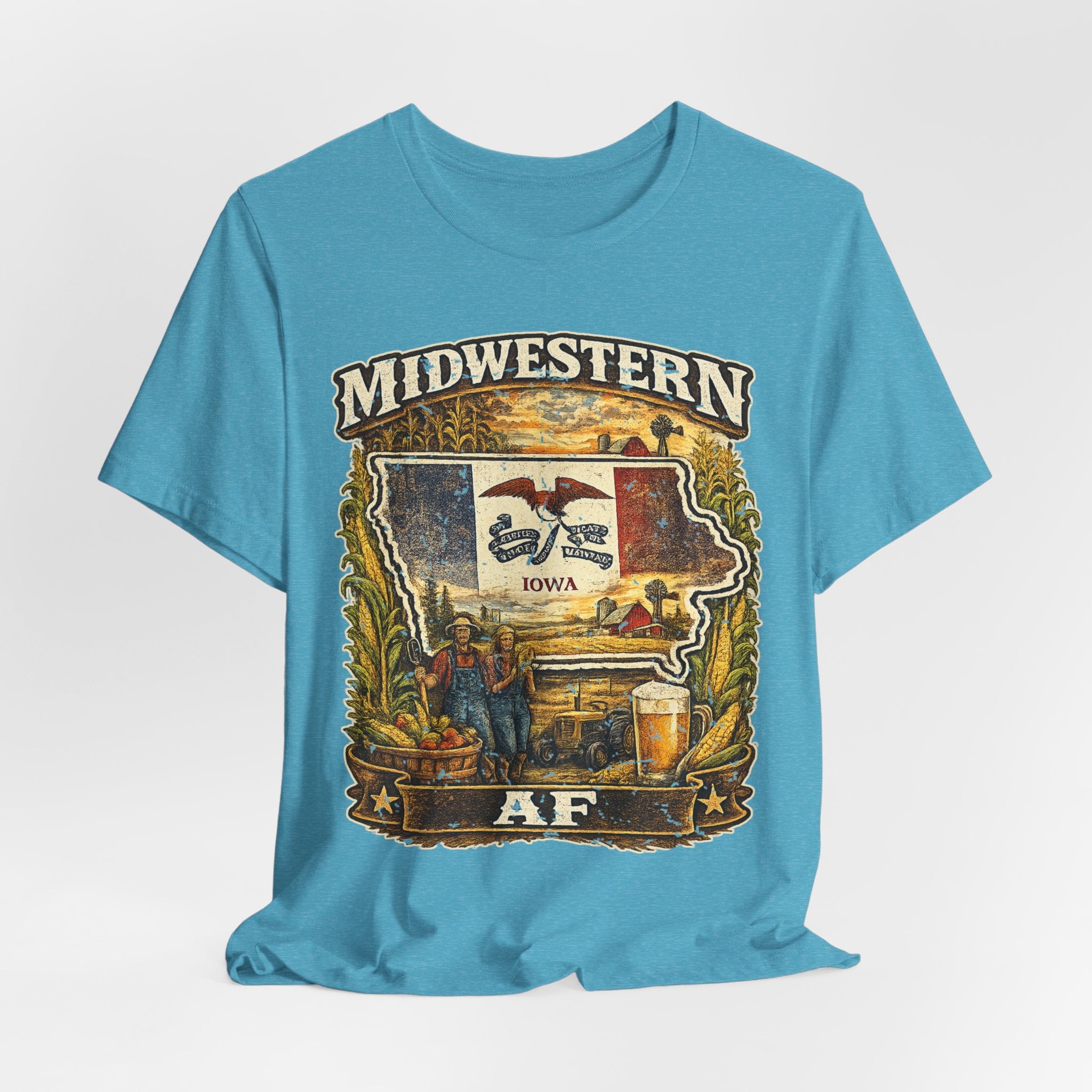 Family Friendly Midwestern AF Iowa T-Shirt – product photo 13 featuring a distressed vintage design featuring the outline of Iowa overlaid with the Iowa state flag, surrounded by towering corn stalks, rolling farmland, a classic red barn, a windmill, a tractor, and an overflowing harvest basket
