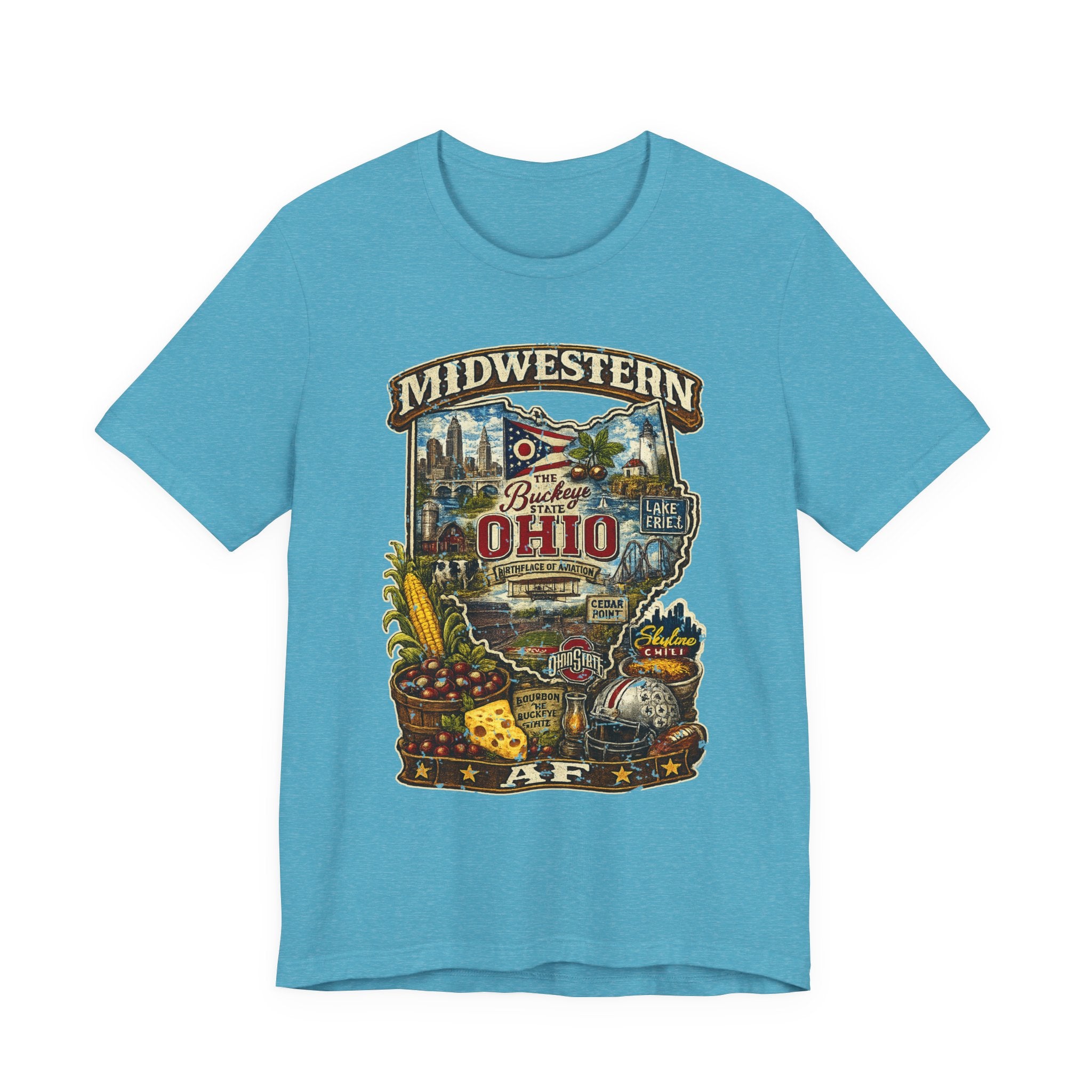 Ohio Midwestern AF t-shirt in heather aqua blue laid flat, featuring vintage Buckeye State graphic with Ohio landmarks and corn