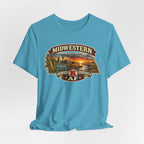 Heather aqua Nebraska T-shirt draped on a soft grey backdrop, front graphic in full detail