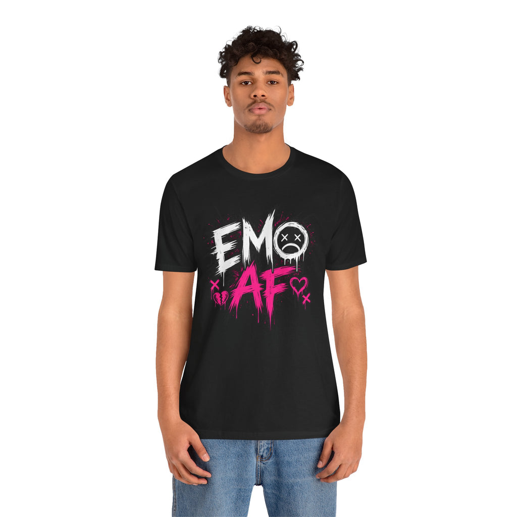 Man wearing the Black EMO AF tee with jeans, pink AF visible on the chest