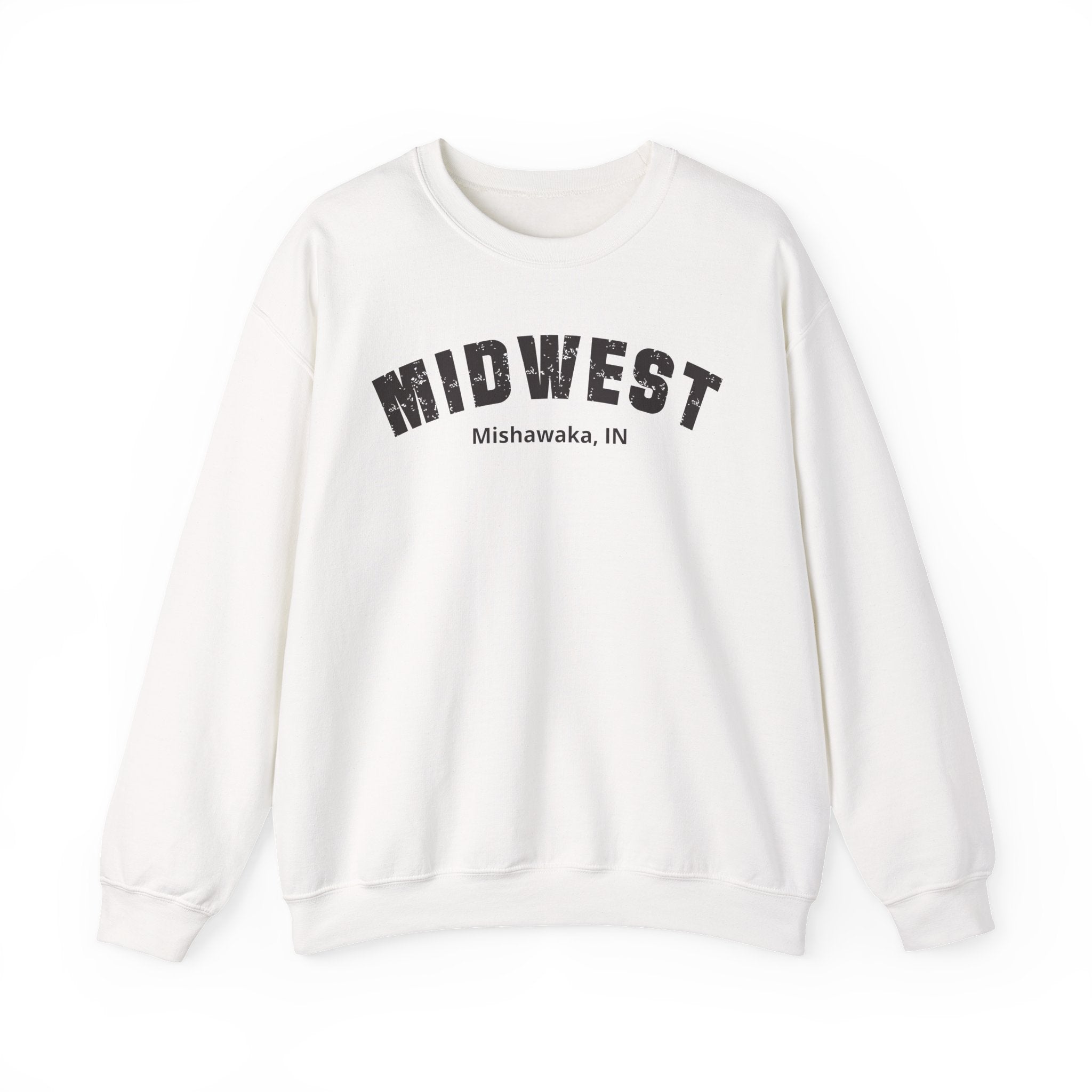 White personalized Midwest sweatshirt laid flat, varsity MIDWEST lettering above Mishawaka, IN
