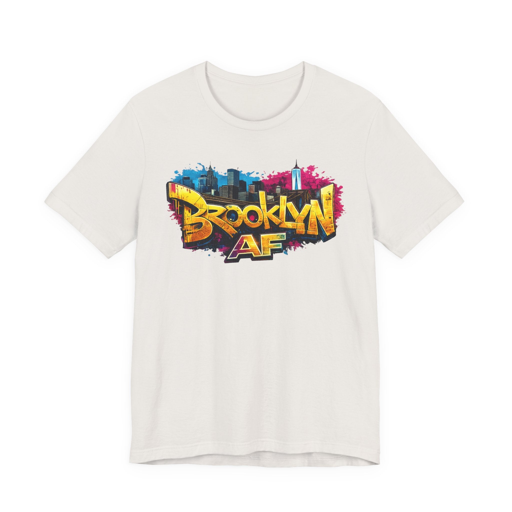 Vintage White t-shirt, front view flat lay, with graffiti Brooklyn AF lettering over a skyline paint-splash design.