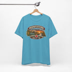 Heather aqua Nebraska As F**K T-shirt on a hanger with the sunset farm badge