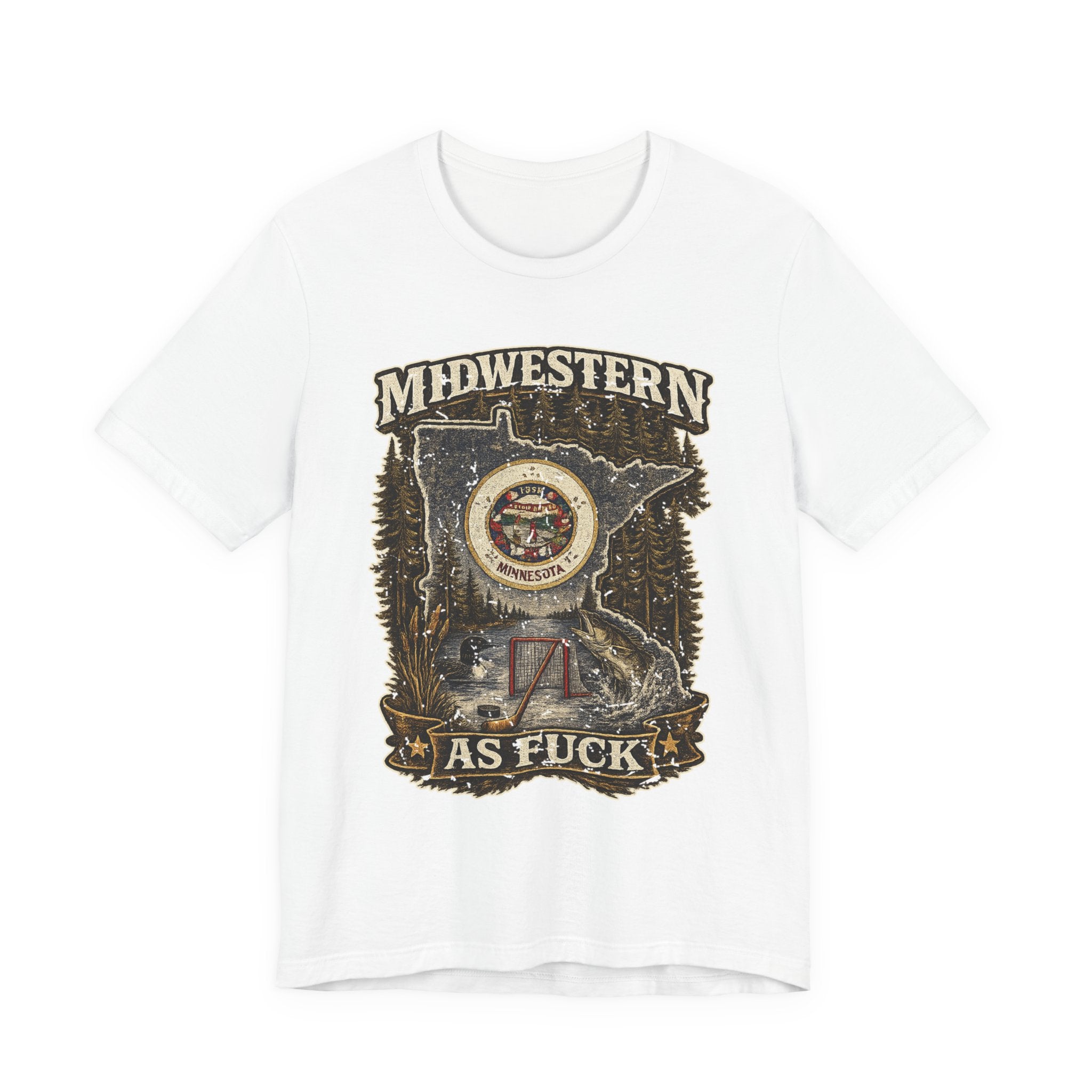 No Filter Midwestern As Fuck Minnesota T-Shirt in White – distressed Minnesota state flag design with pine trees, loon and walleye