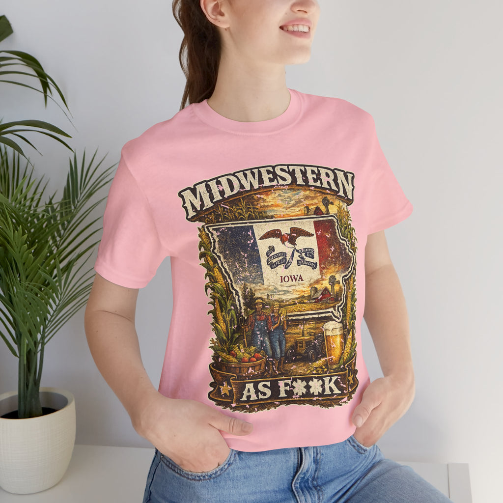 Slightly Salty Midwestern As F**K Iowa T-Shirt – product photo 17 featuring a distressed vintage design featuring the outline of Iowa overlaid with the Iowa state flag, surrounded by towering corn stalks, rolling farmland, a classic red barn, a windmill, a tractor, and an overflowing harvest basket
